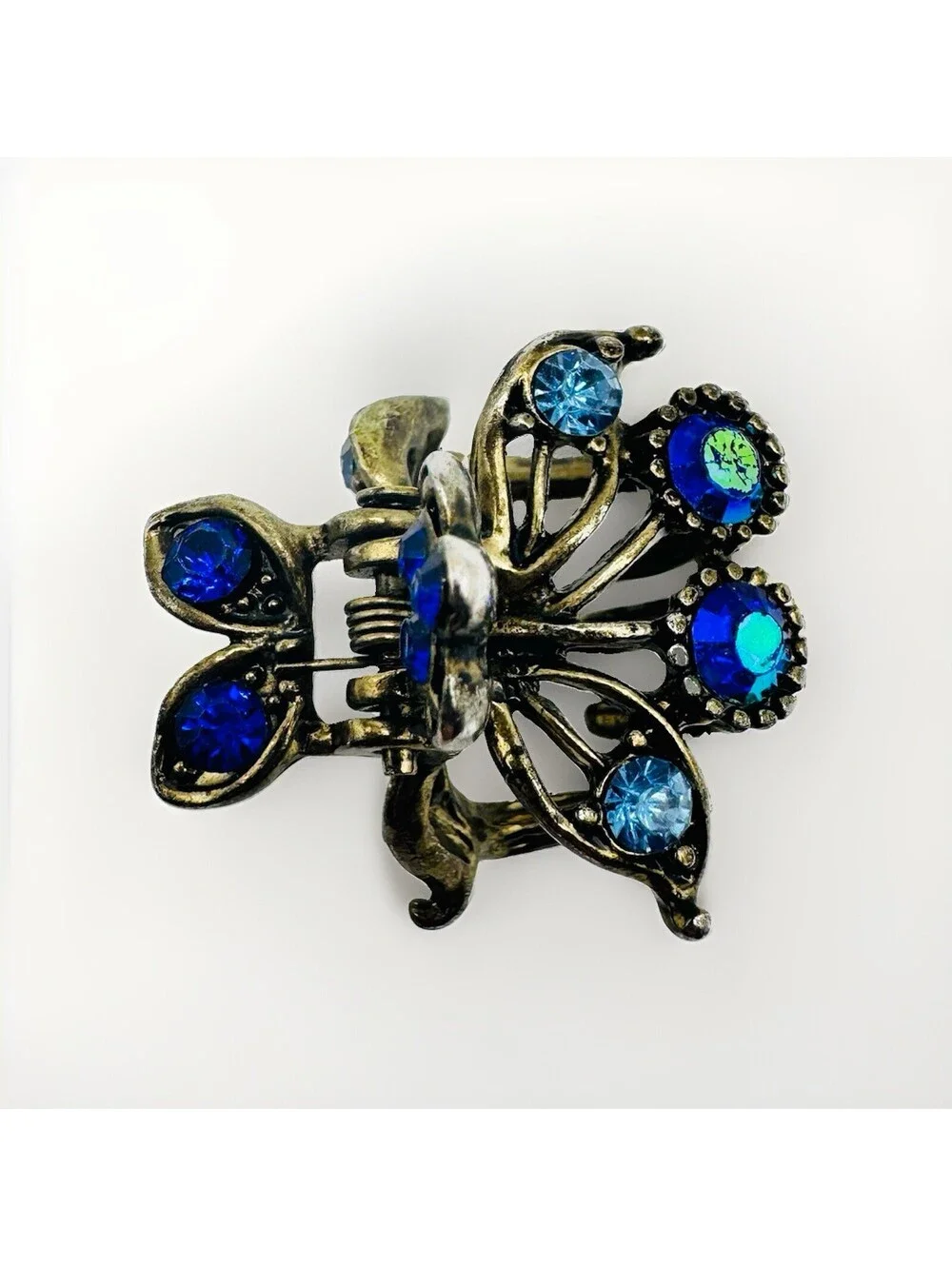 Vintage Mini Hair Claw Clip Butterfly With Blue Rhinestones